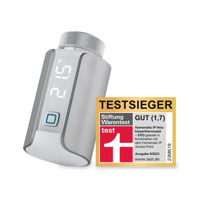 230921124018300301900014O Homematic IP Heizkörperthermostat – Evo HmIP-eTRV-E-S | Red Dot Design | App & Sprachsteuerung | Silber – Bild 1