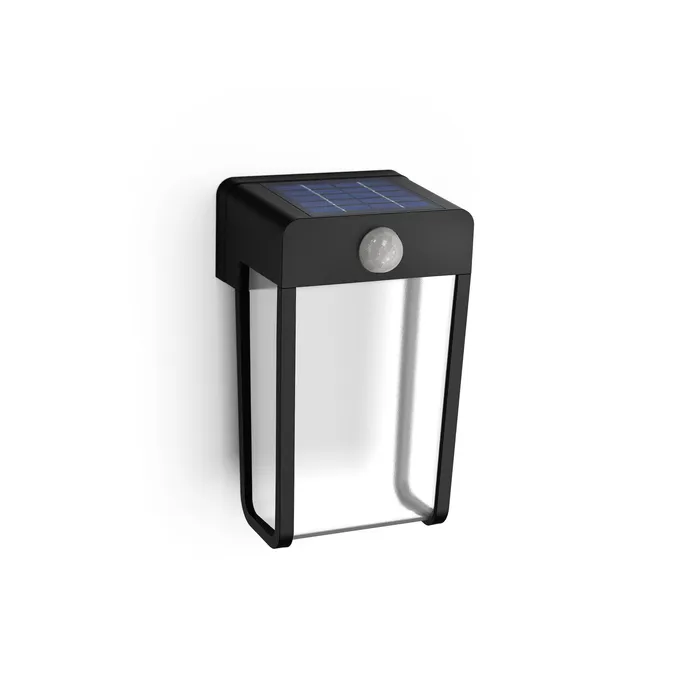 240410161419400801900052X Philips Outdoor Solar Shroud Wandleuchte schwarz – 2.3W, 250 lm, 2700K, IP44, Bewegungssensor, kabellos – Bild 1